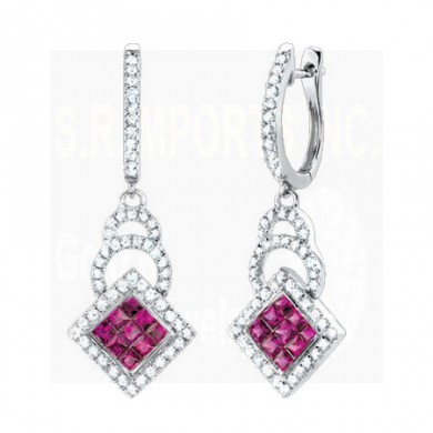 1.80CT Diamond & Ruby Fashion Earrings on 14K White Gold.