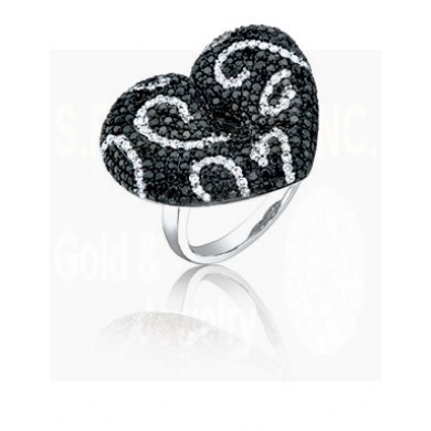 2.50CT Black & White Diamond Heart Ring on 14K White Gold. 